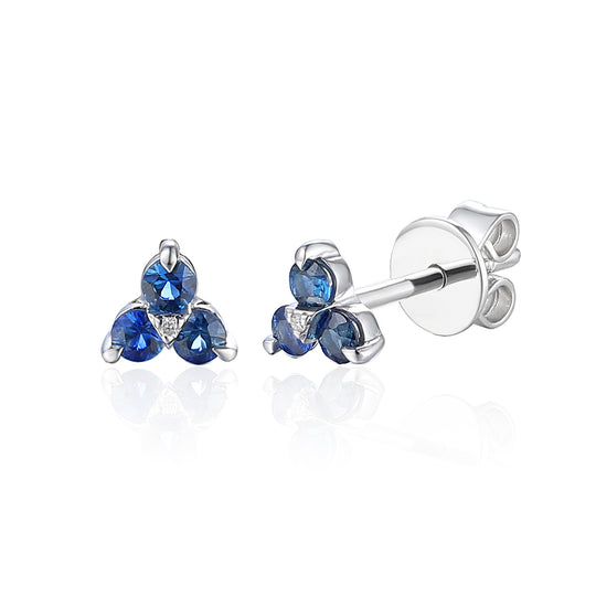 Three Stone Sapphire & Diamond Stud Earrings - 9ct White Gold - NTE2173SD-9WG