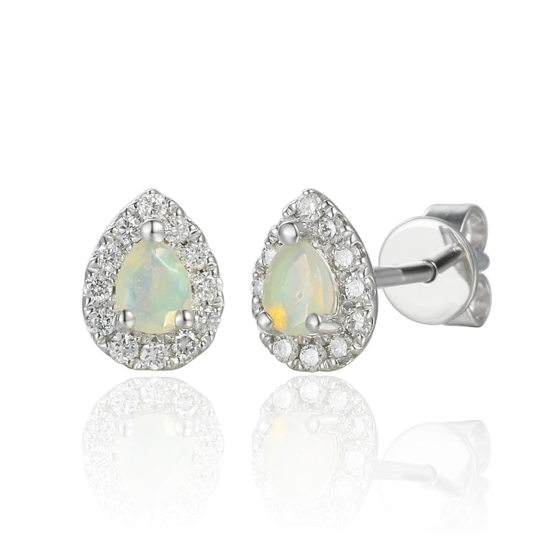 Pear Shaped Opal Diamond Cluster Earrings - 9ct White Gold