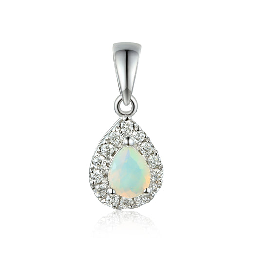 Pear Shaped Opal Diamond Cluster Pendant - 9ct White Gold