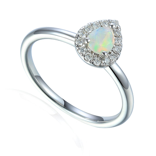 Pear Shaped Opal Diamond Cluster Ring - 9ct White Gold