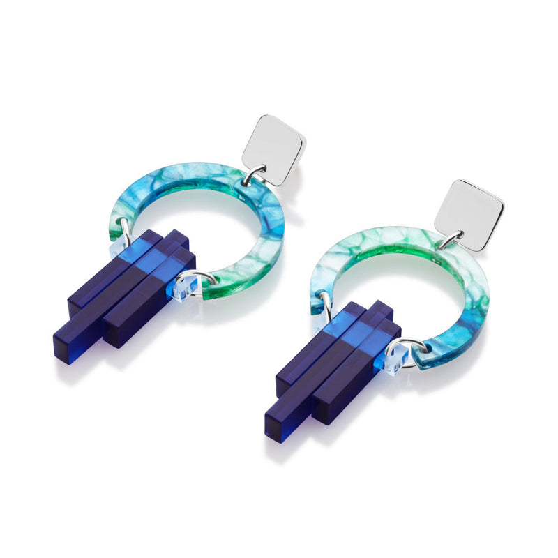 Petite Art Deco Chandelier Earrings - Silver/Blue/Green Lava - SP-757