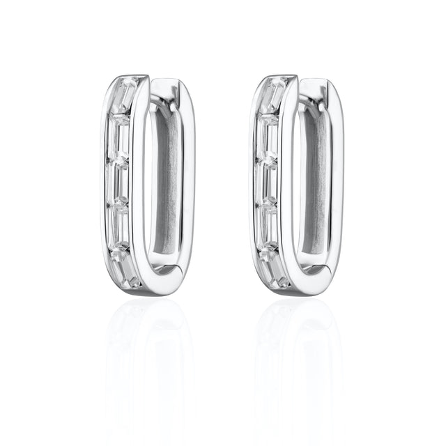 Oval Baguette Hoop Earrings - Silver - SPS-393