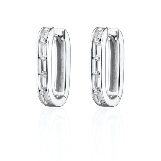 Oval Baguette Hoop Earrings - Silver - SPS-393