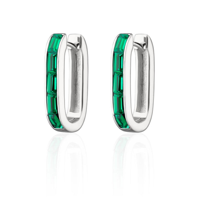 Oval Baguette Hoop Earrings With Green Stones - Silver - SPS-93