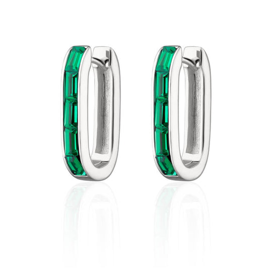 Oval Baguette Hoop Earrings With Green Stones - Silver - SPS-93