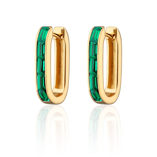 Oval Baguette Hoop Earrings With Green Stones - Gold - SPG-93