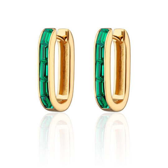 Oval Baguette Hoop Earrings With Green Stones - Gold - SPG-93