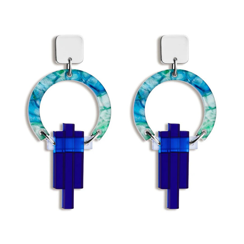 Petite Art Deco Chandelier Earrings - Silver/Blue/Green Lava - SP-757