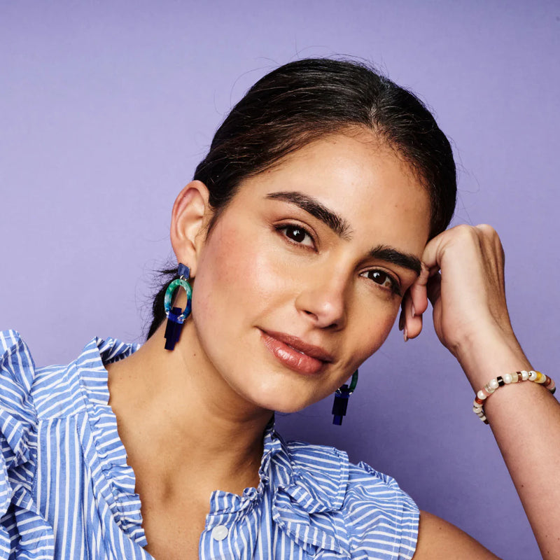 Petite Art Deco Chandelier Earrings - Silver/Blue/Green Lava - SP-757