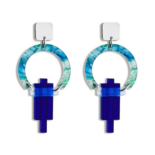 Petite Art Deco Chandelier Earrings - Silver/Blue/Green Lava - SP-757