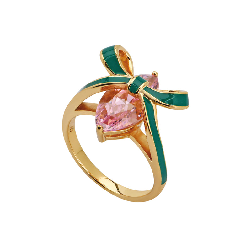 Amelia Bow Ring, Green & Pink - Gold - AS22TRR12