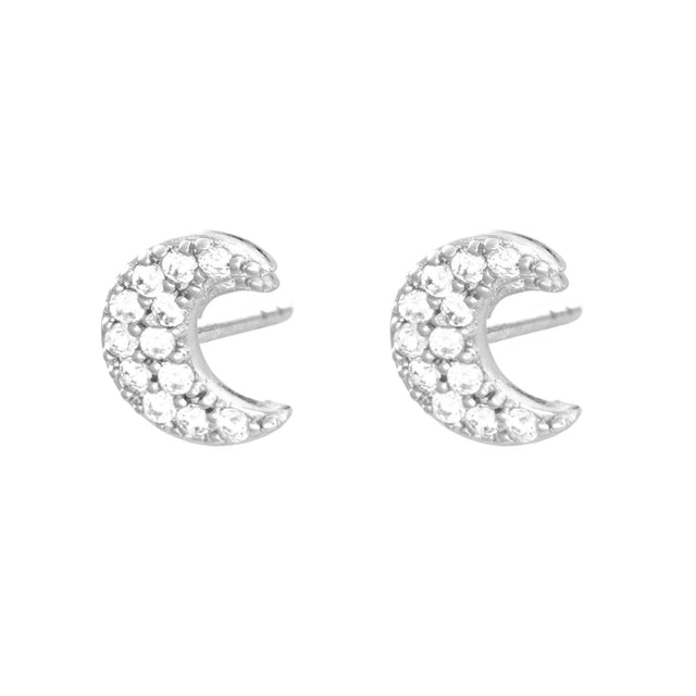Pave Crescent Moon Stud Earrings - Silver - SPESSS24-PV