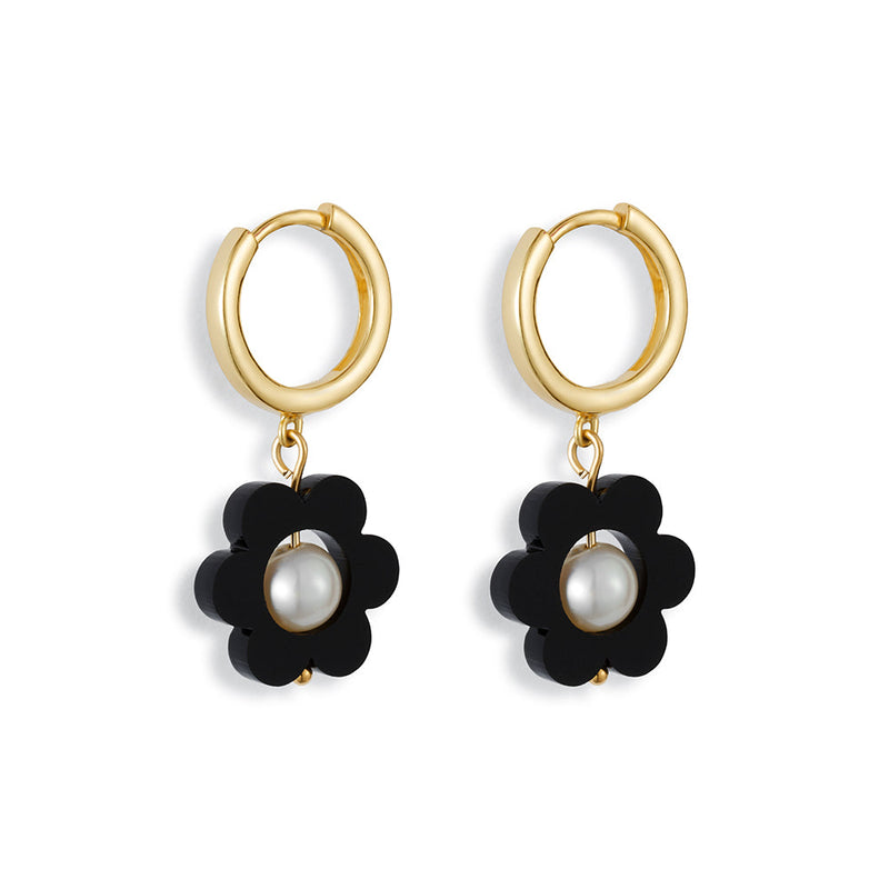 Flower Pearl Huggie Earrings - Black - 24EFPHb