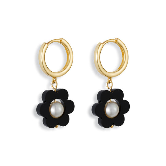 Flower Pearl Huggie Earrings - Black - 24EFPHb