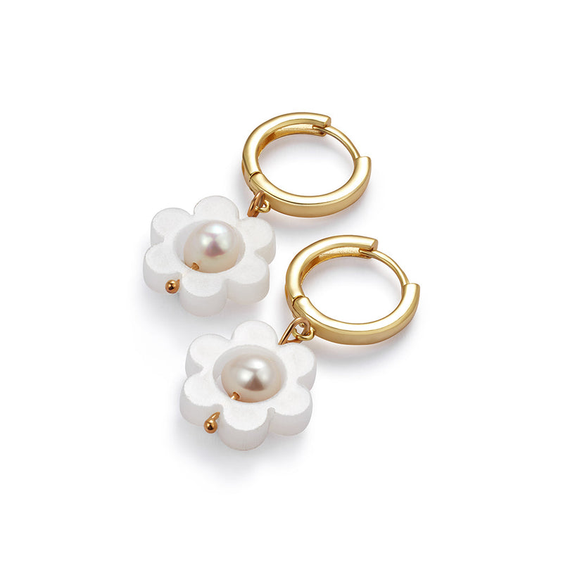 Flower Pearl Huggie Earrings - White - 24EFPHw