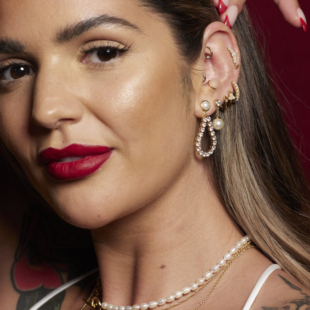 Pearl Trinity Huggie Hoop Earrings - Gold - SPG-37