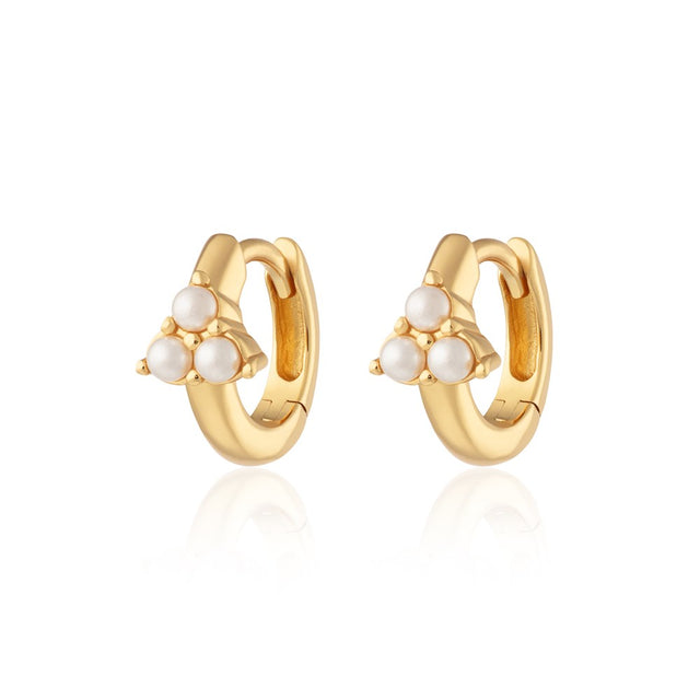 Pearl Trinity Huggie Hoop Earrings - Gold - SPG-37
