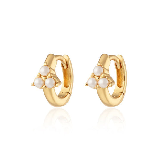 Pearl Trinity Huggie Hoop Earrings - Gold - SPG-37