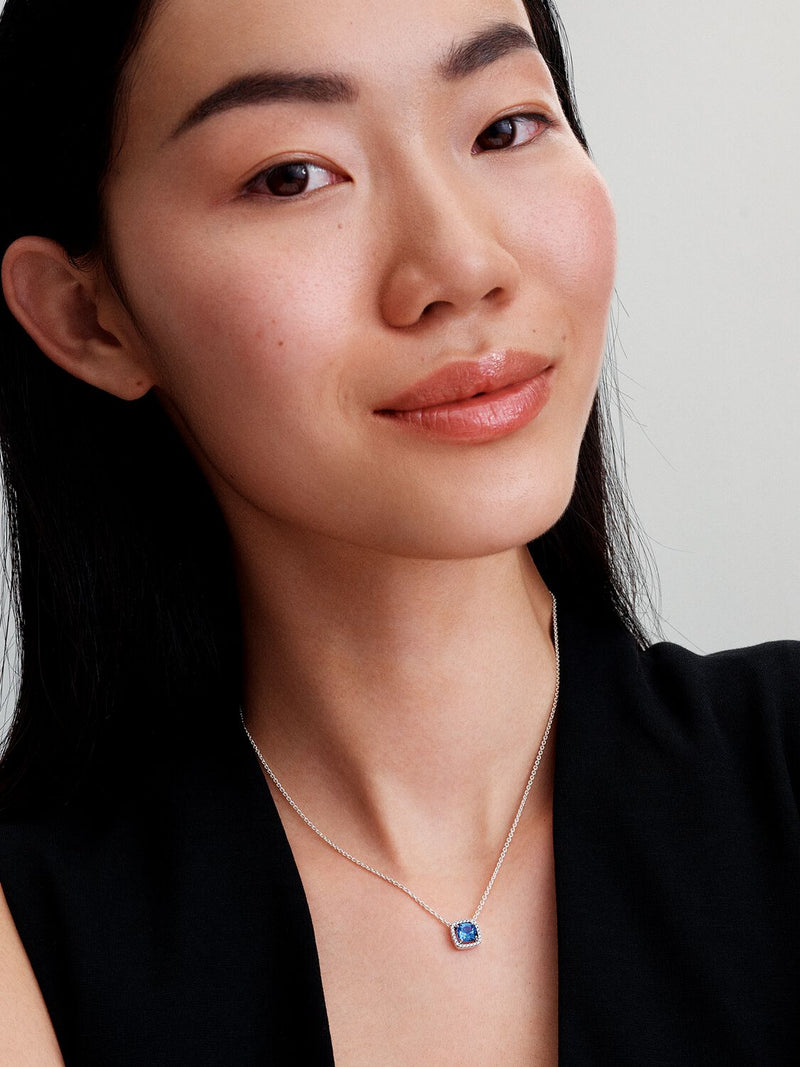 Sparkling Square Blue Halo Pendant Necklace - Sterling Silver - 393560C01-45