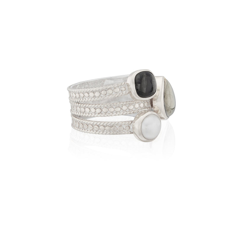 Hypersthene, Pyrite, and Pearl Faux Stacking Ring - Silver - RG10402-SHYPL