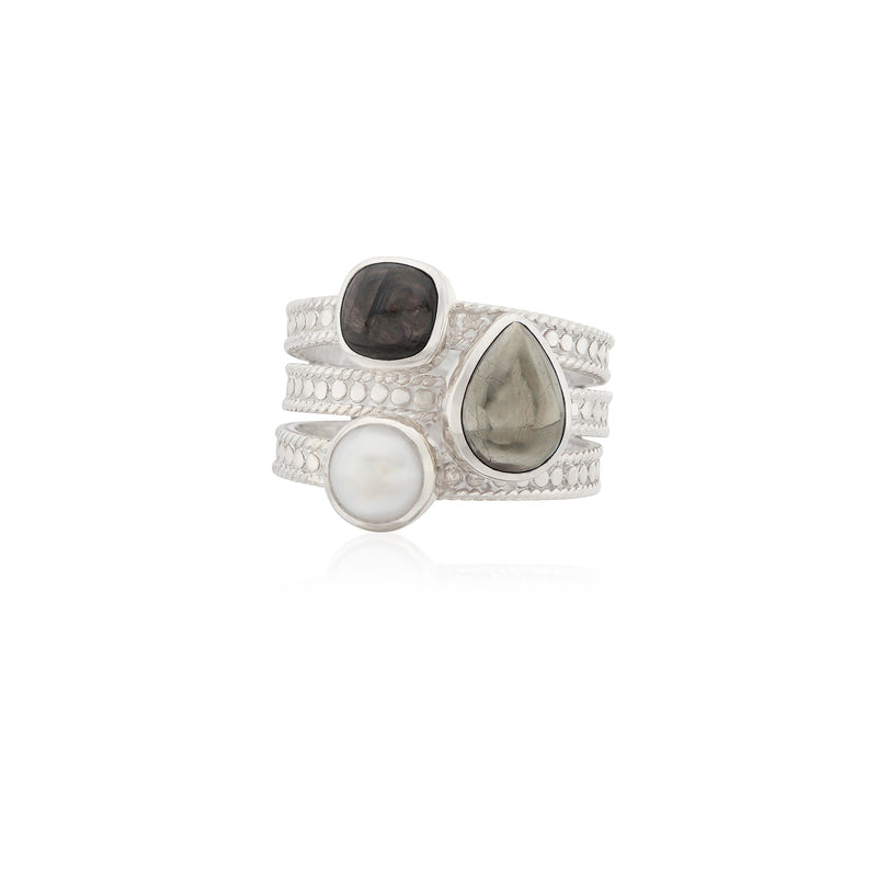 Hypersthene, Pyrite, and Pearl Faux Stacking Ring - Silver - RG10402-SHYPL