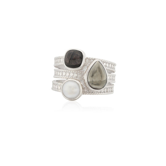 Hypersthene, Pyrite, and Pearl Faux Stacking Ring - Silver - RG10402-SHYPL