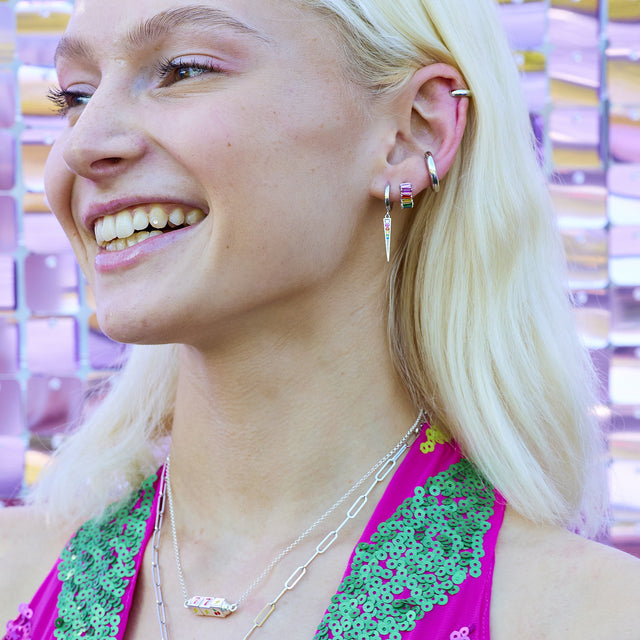 Rainbow Spike Charm Hoop Earrings - Silver - SPS-71