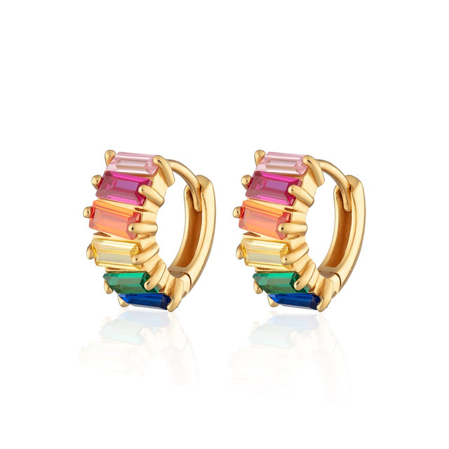 Rainbow Baguette Huggie Earrings - Gold - SPG-67