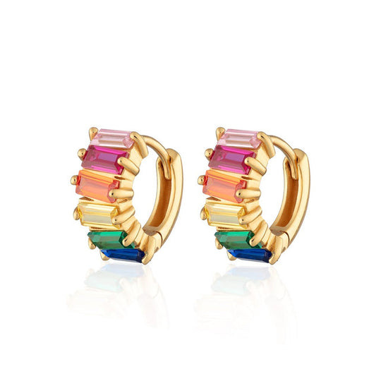 Rainbow Baguette Huggie Earrings - Gold - SPG-67
