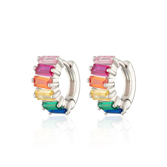 Rainbow Baguette Huggie Earrings - Silver - SPS-67