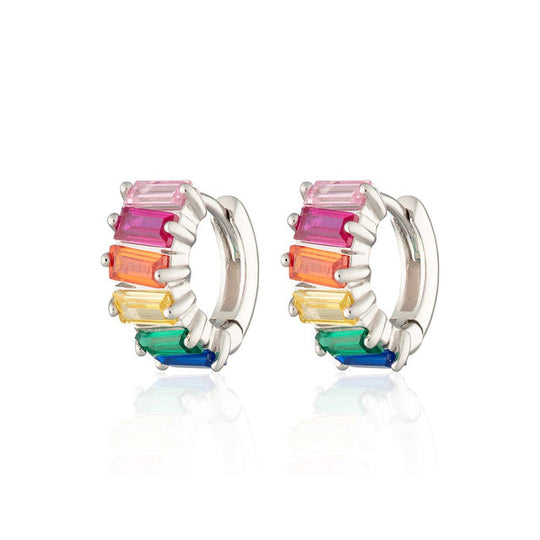 Rainbow Baguette Huggie Earrings - Silver - SPS-67