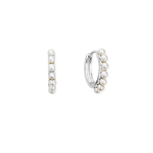 Classic Pearl Huggie Hoop Earrings - Silver - SEH3546