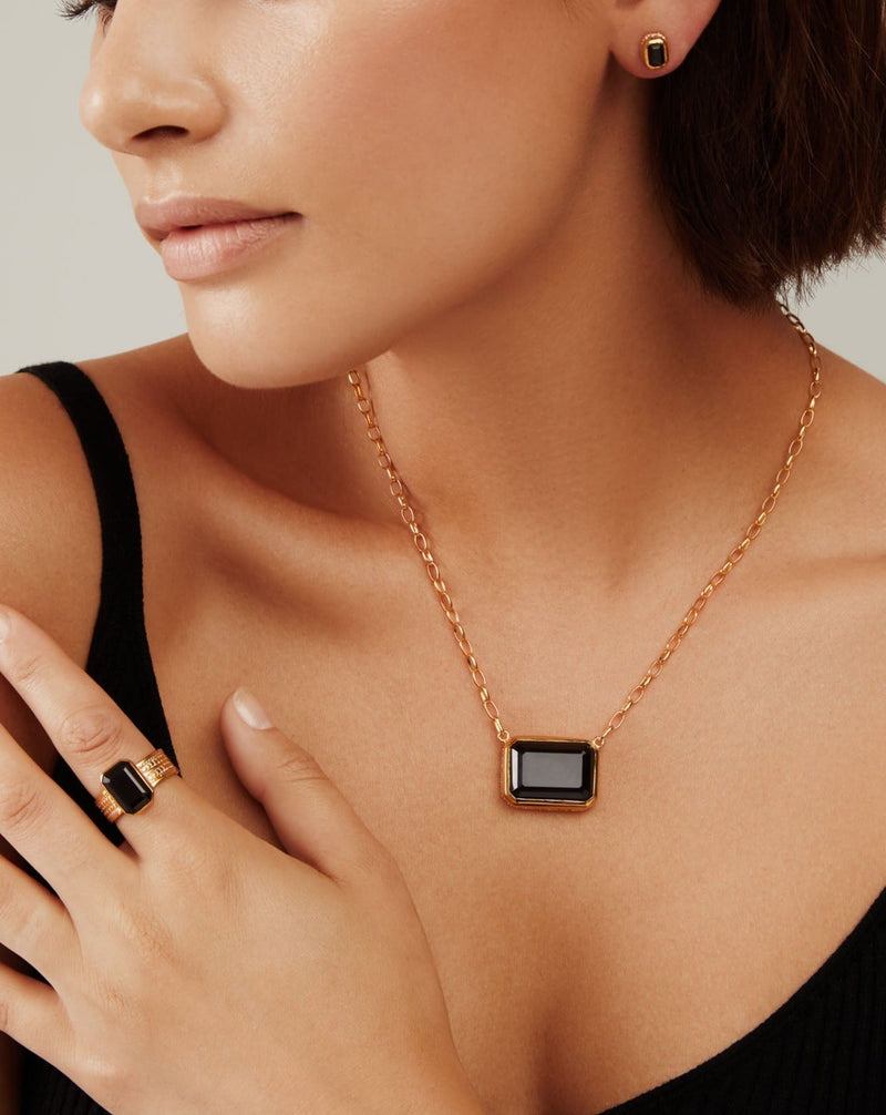 Large Black Onyx Rectangle Necklace - Gold - NK10370-GBONX