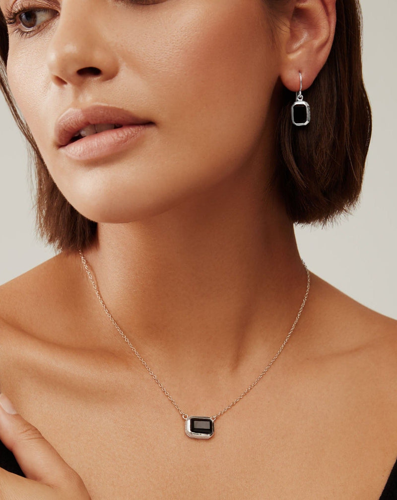 Small Black Onyx Rectangle Necklace - Silver - NK10363-SBONX