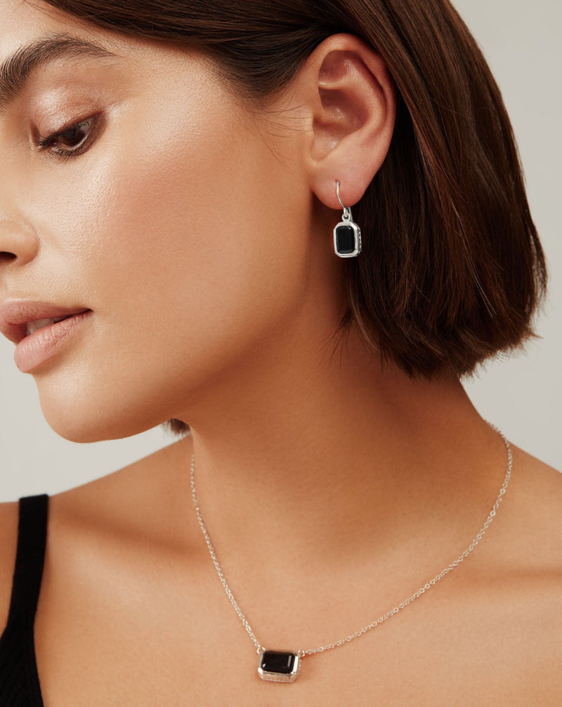 Small Black Onyx Rectangle Necklace - Silver - NK10363-SBONX