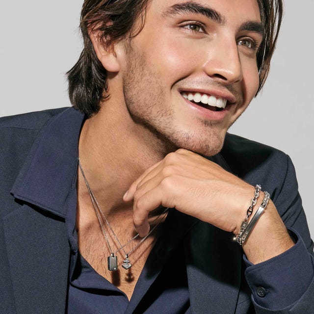 Strong Steel & Four Black Diamonds Geometric Bracelet - Silver - 028340/007