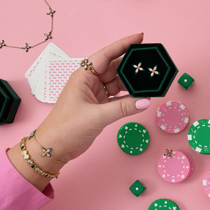 Lucky Clover Stud Earrings, Emerald Green/Blush Pink - Gold - AS22TRE35