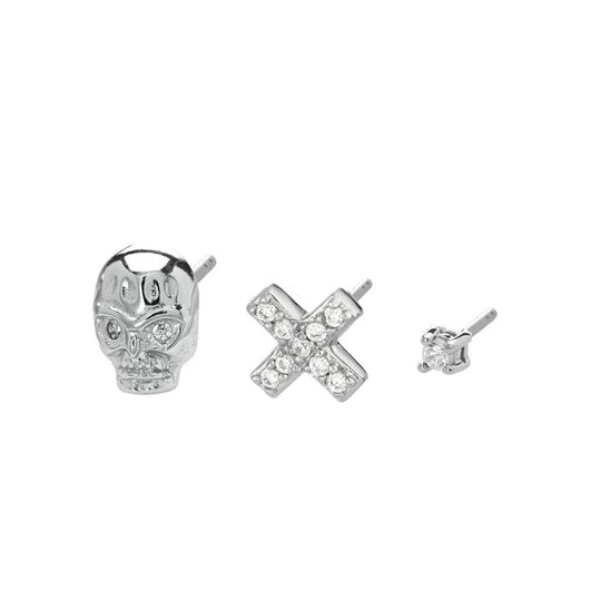 Skull & Cross Set Of 3 Single Stud Earrings - Silver - SPEJSSS130-31-142