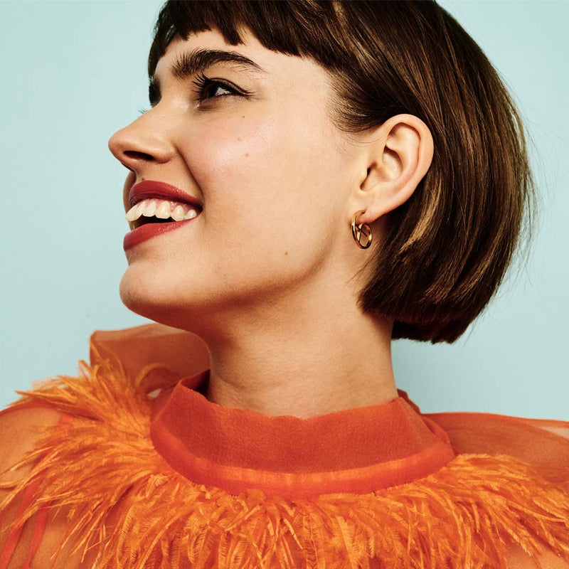 Small Alphabet Hoop Earring, Single Letter E, Left - Gold