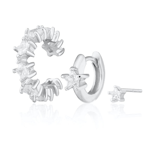 Sparkling Star Ear Party Earring Set - Silver - SPS-398-22-23