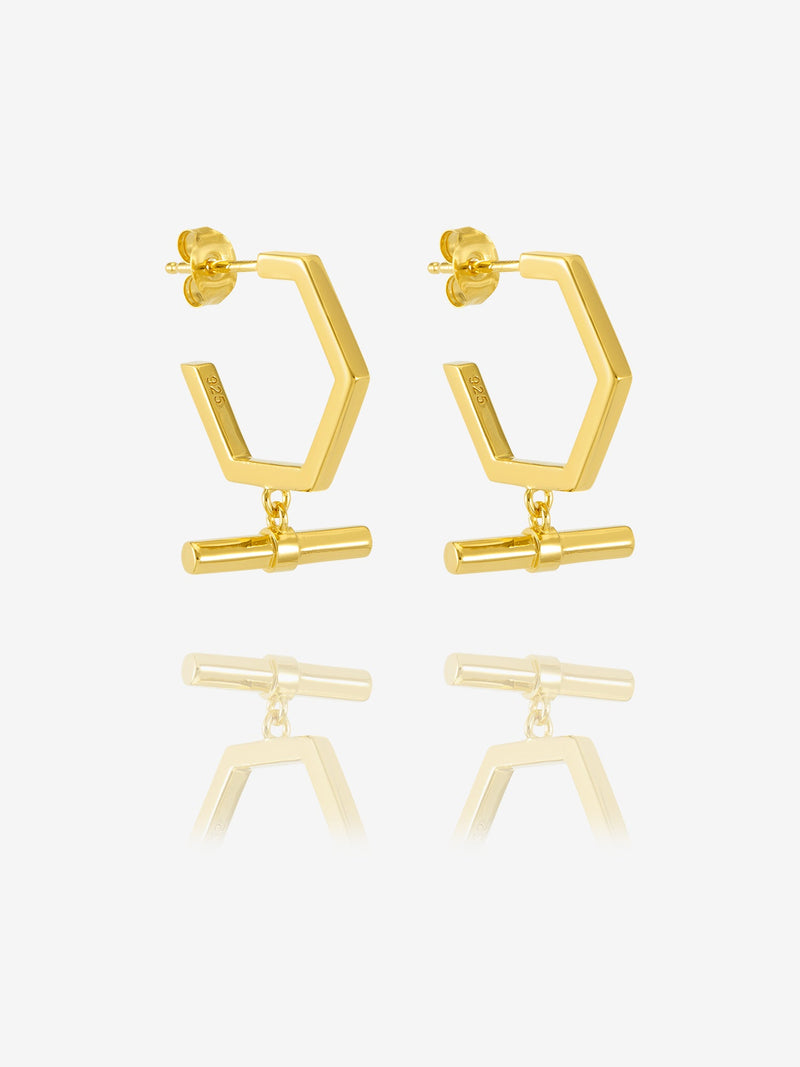 Hexagon T-Bar Hoop Earrings - Gold - TBE4GP