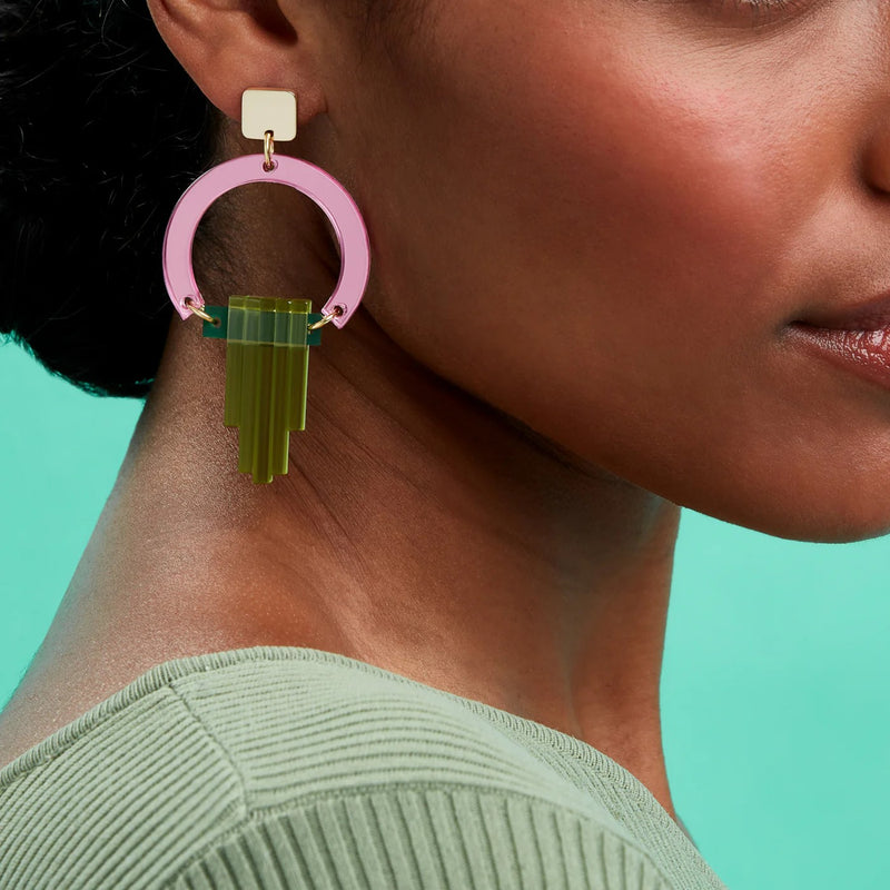 Art Deco Chandelier Earrings - Gold/Pink/Lime - 24ADCpmlz