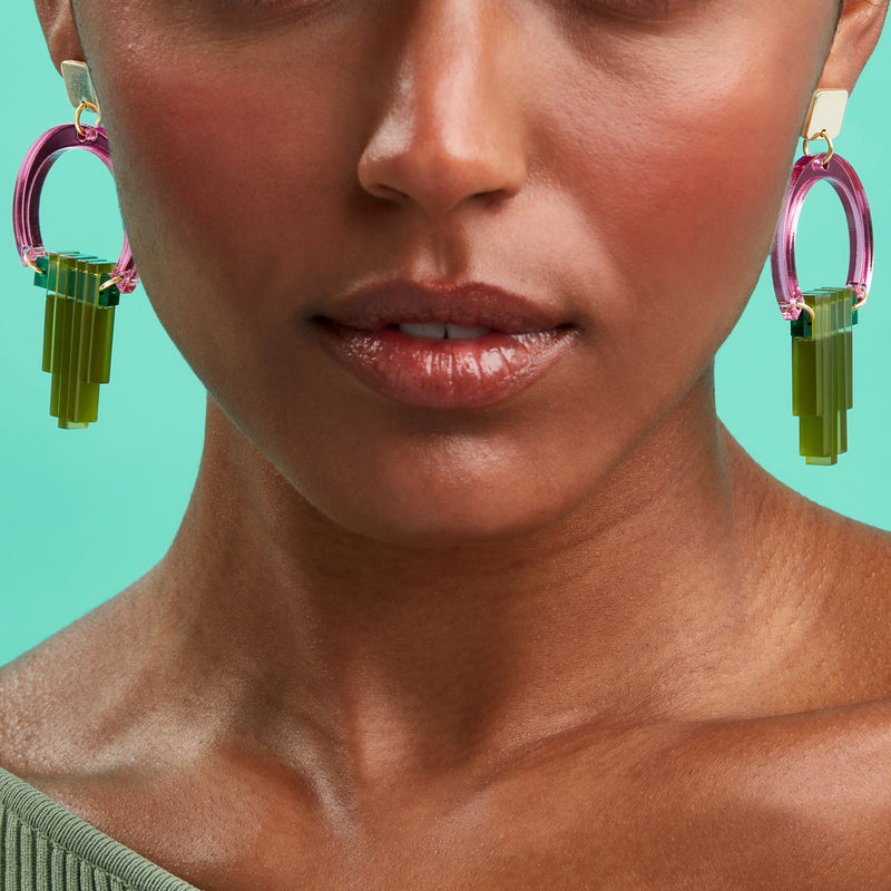 Art Deco Chandelier Earrings - Gold/Pink/Lime - 24ADCpmlz