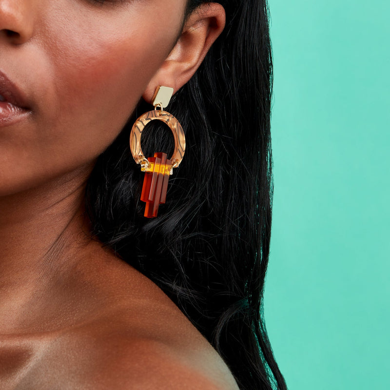 Art Deco Chandelier Earrings - Gold/Tiger Shell - 24ADCts