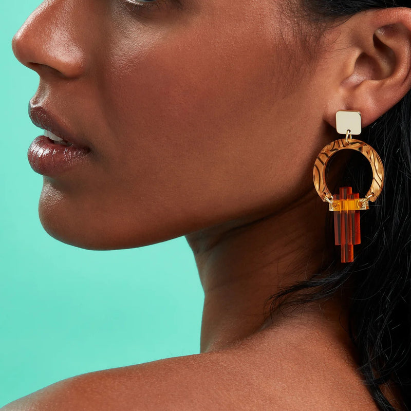 Art Deco Chandelier Earrings - Gold/Tiger Shell - 24ADCts