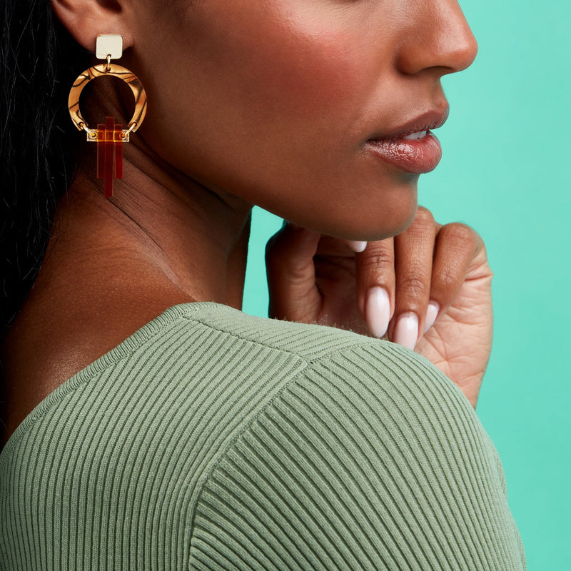 Art Deco Chandelier Earrings - Gold/Tiger Shell - 24ADCts