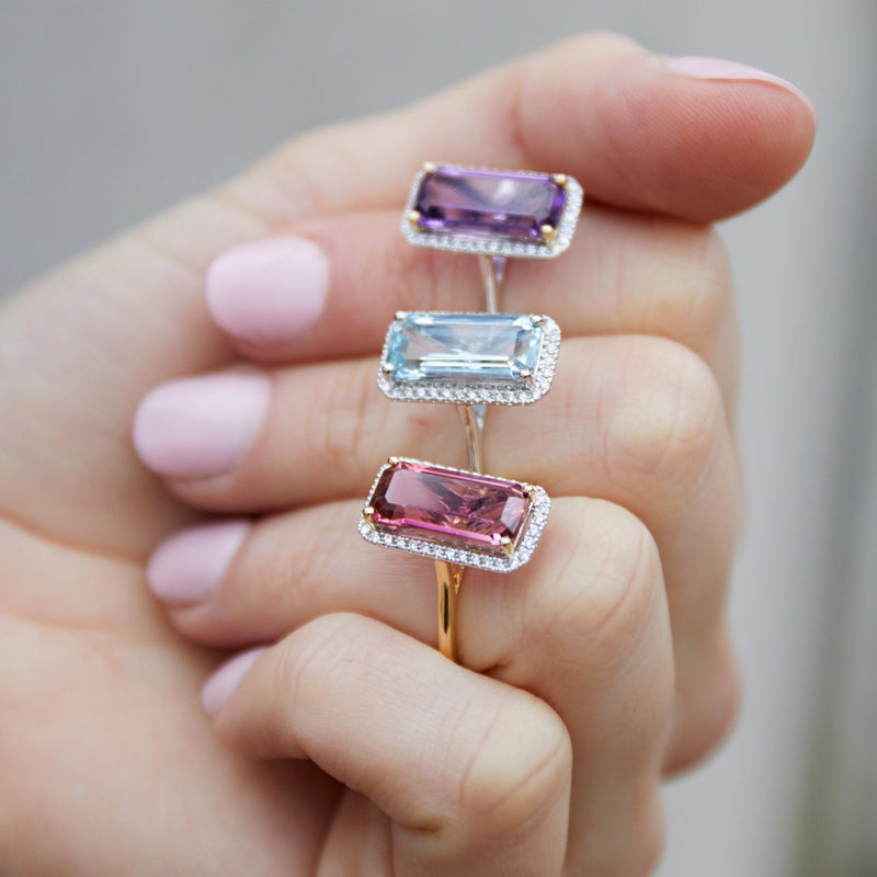 Elongated Aquamarine & Diamond Halo Ring - White Gold