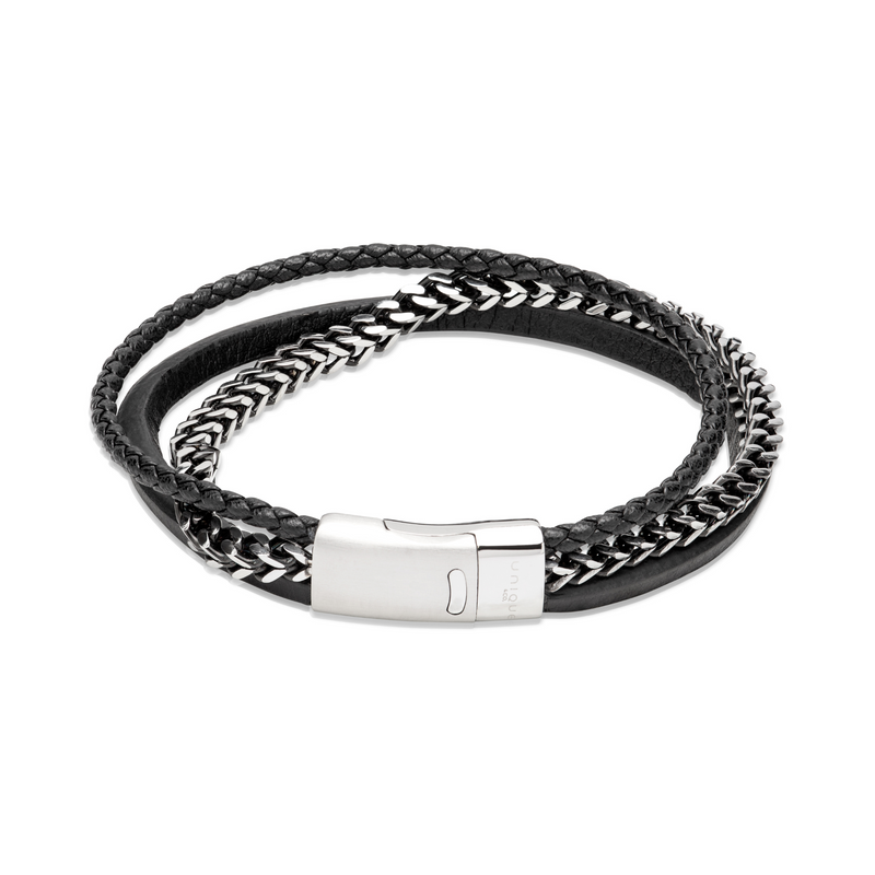 Black Leather & Steel Bracelet - B509BL