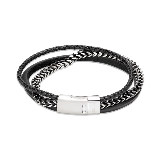 Black Leather & Steel Bracelet - B509BL