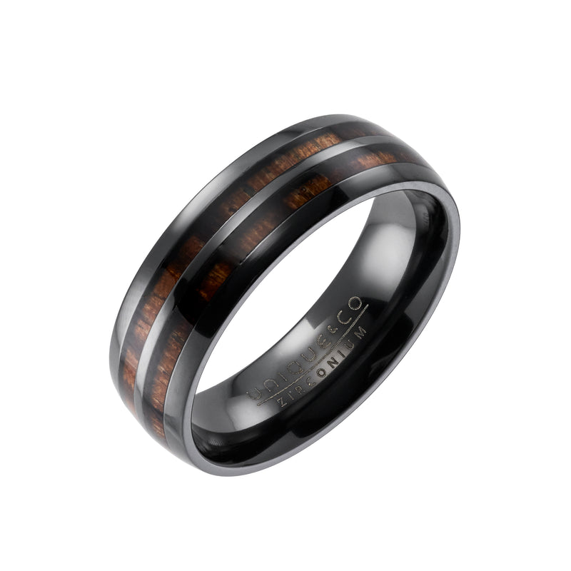 Black Zirconium Ring with Wood Inlay - ZR-30